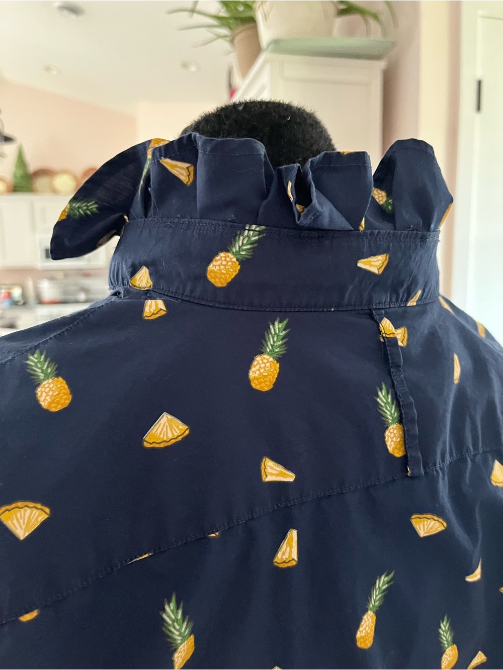 Enhanced Banana Republic Navy Blue Pineapple Print Ruffle Collar Shirt - Picture 6 of 7